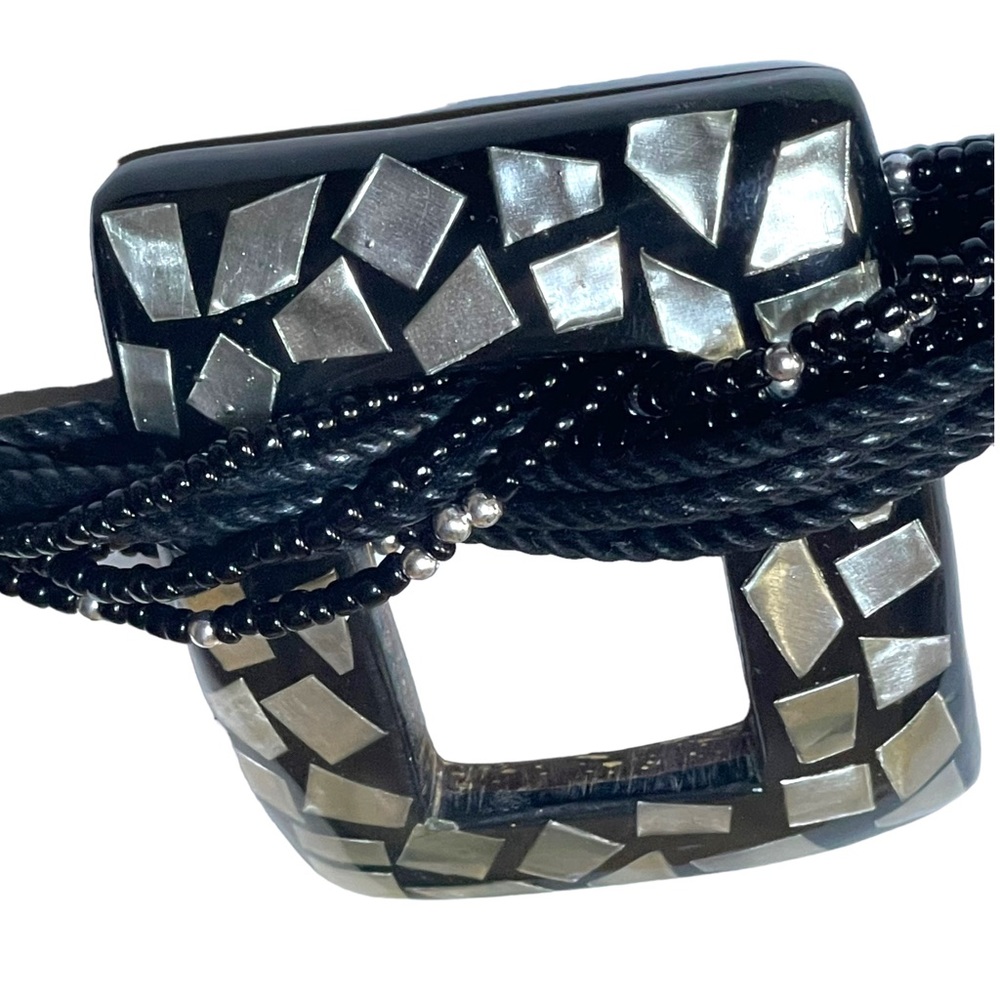Chico's Black Leather Adjustable Belt w/ Beads & Mother of Pearl Like Inlay S/M - Picture 7 of 11
